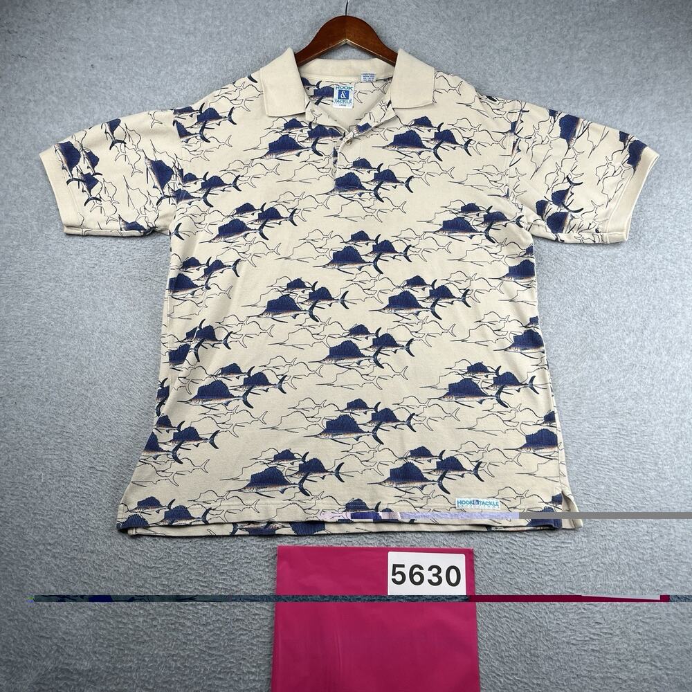 Hook & Tackle Fish Print Polo Shirt Beige Blue Fish Casual Mens Large *SEE